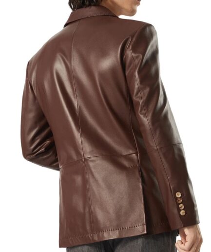 Back of Peak Lapels Brown Leather Blazer for work USA