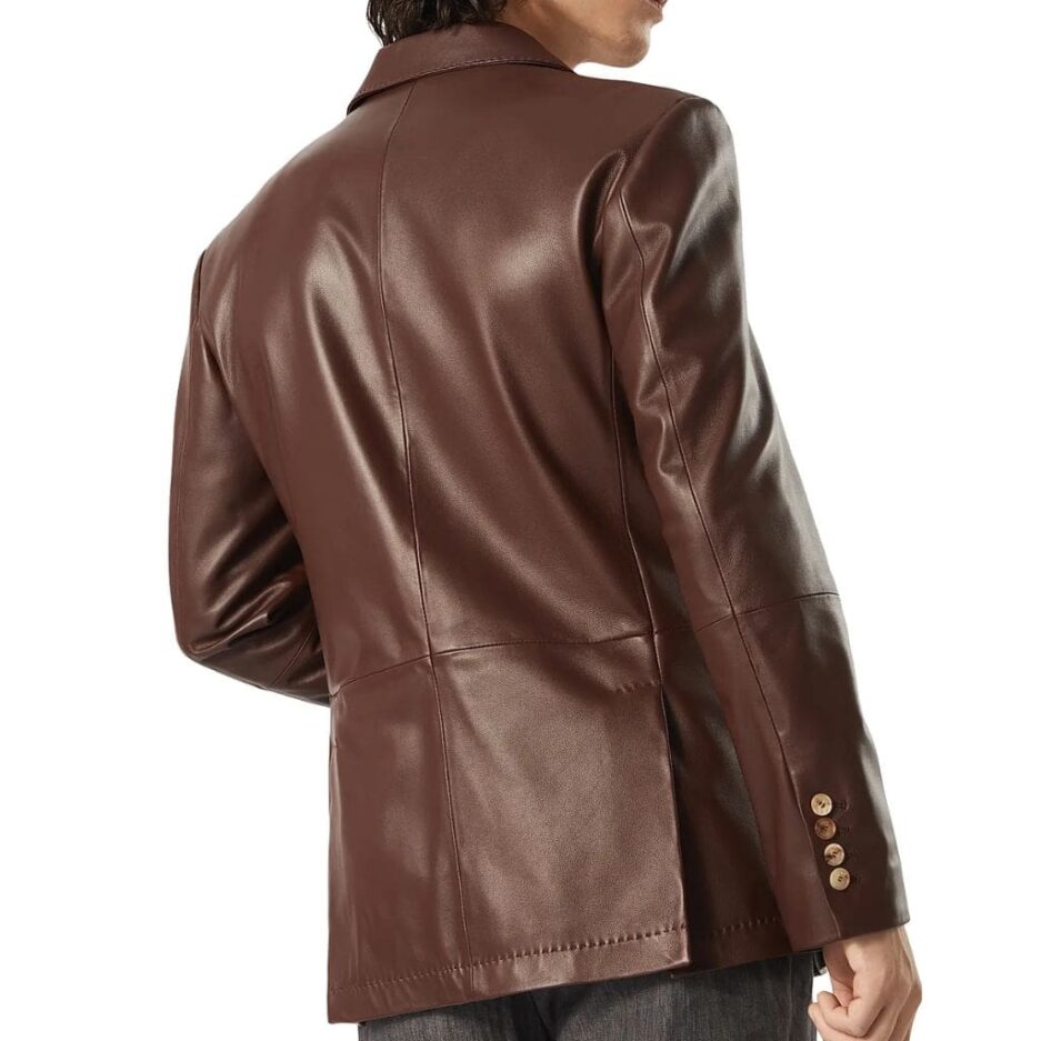 Back of Peak Lapels Brown Leather Blazer for work USA