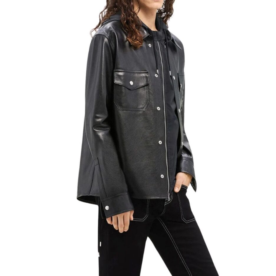 Black Patch Pocket Men Leather Shirt