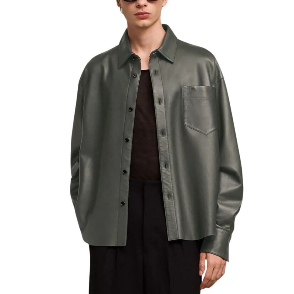 Olive Green Men's Leather Shirt