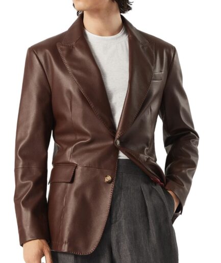 Peak Lapels Brown Leather Blazer