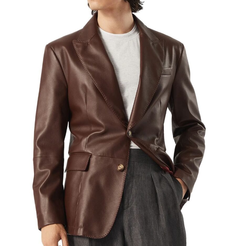 Peak Lapels Brown Leather Blazer