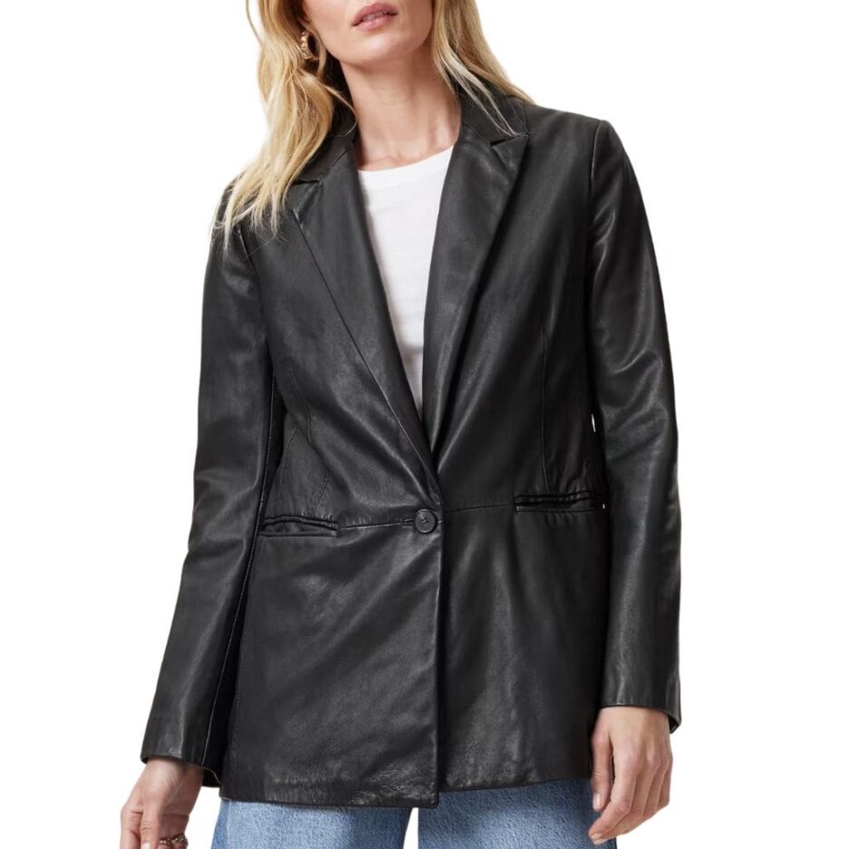 Women Single Breasted Black Leather Blazer