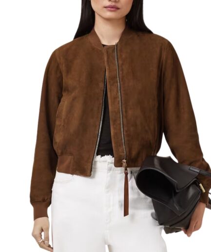 Cropped Suede Leather Bomber Jacket