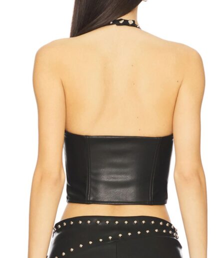 Back of Studded Halter Faux Leather Cropped Top