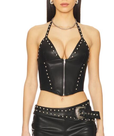 Studded Halter Faux Leather Cropped Top