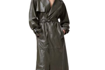 Women’s Olive Leather Long Trench Coat