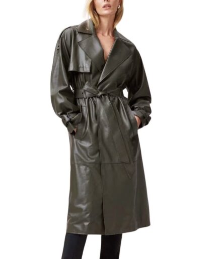 Women’s Olive Leather Long Trench Coat