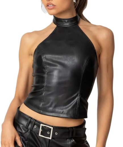 Studded Halter Faux Leather Cropped Top