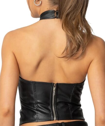 Studded Halter Faux Leather Cropped Top Back
