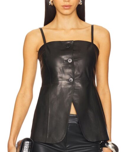 Women’s Black Leather Button-Front Tank Top