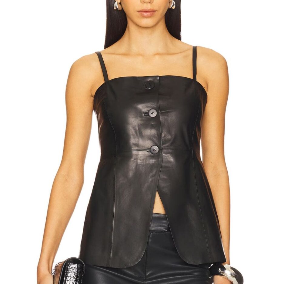 Women’s Black Leather Button-Front Tank Top