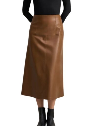 A-Line Corporate Tan Leather Midi Skirt