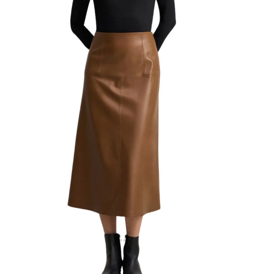 A-Line Corporate Tan Leather Midi Skirt