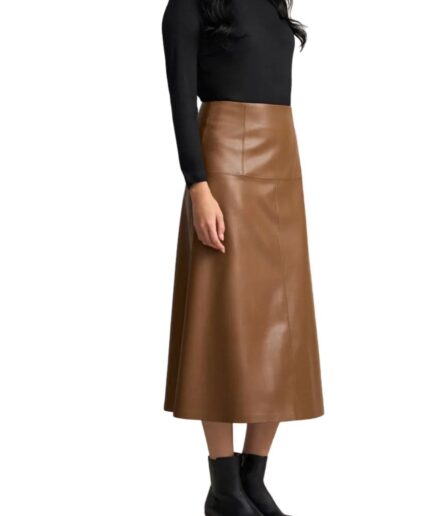 A-line Corporate Tan Leather Midi Skirt brissleatherstudio