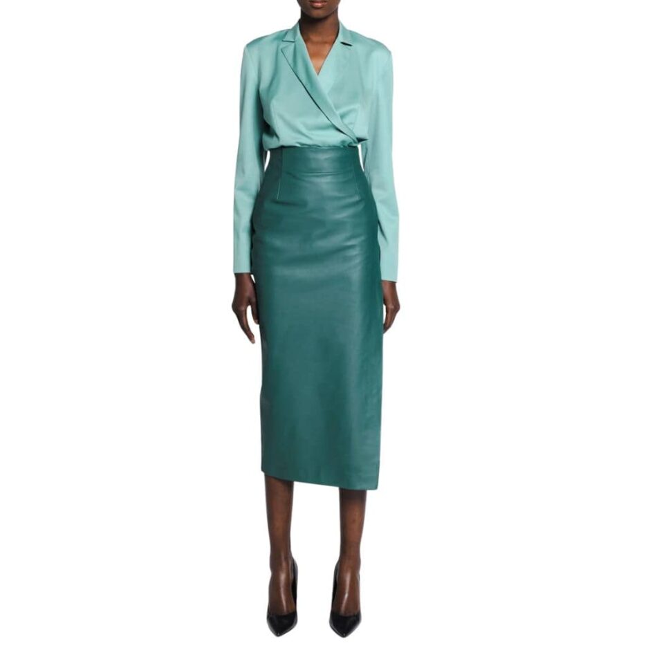 Corporate Green Leather Midi Skirt