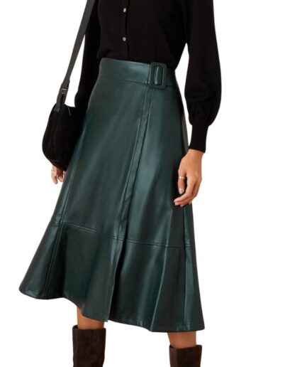 Green A-line Flared Leather Midi Skirt