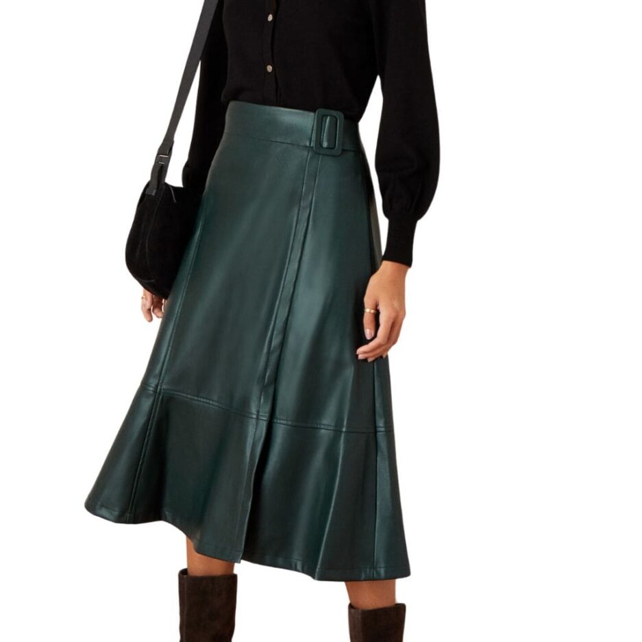 Green A-line Flared Leather Midi Skirt