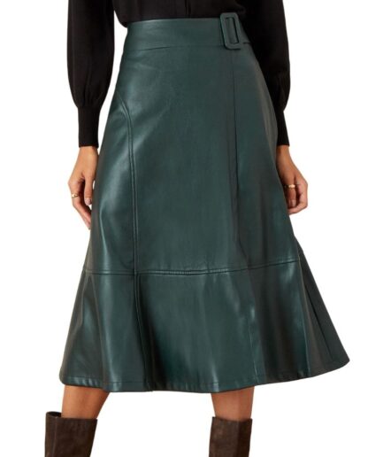 Green A-line Flared Leather Midi Skirt Usa