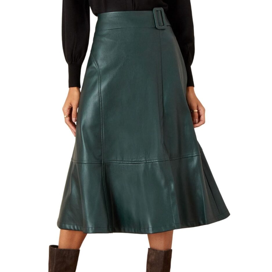 Green A-line Flared Leather Midi Skirt Usa