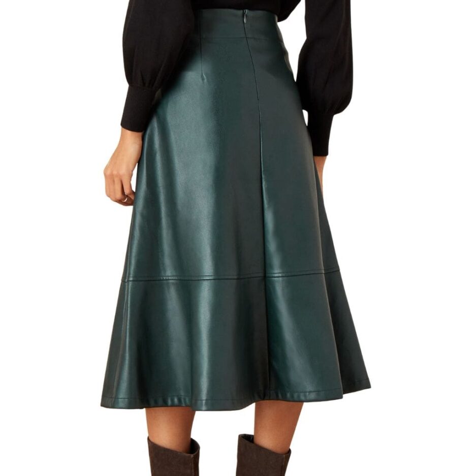 Green A-line Flared Leather Midi Skirt Back