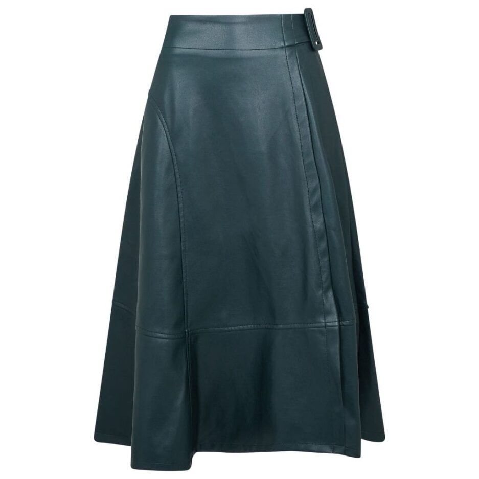 Green A-line Flared Leather Midi Skirt for women