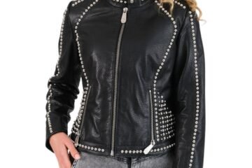 Studded Patterned Women's Black Leather Biker Jacket
