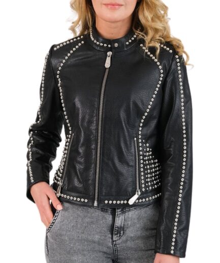 Studded Patterned Women's Black Leather Biker Jacket