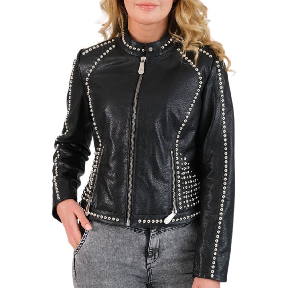 Studded Patterned Women's Black Leather Biker Jacket