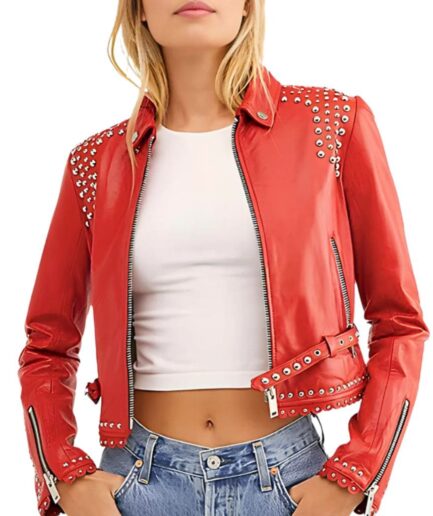 Women Red Studded Cropped Leather Jacket