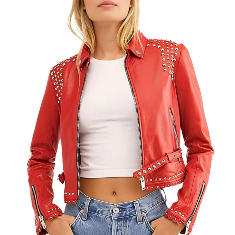 Women Red Studded Cropped Leather Jacket