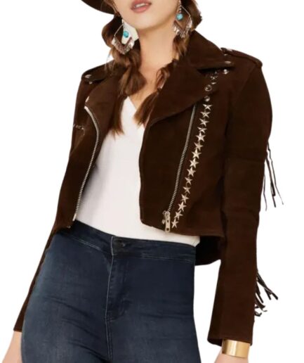 Brown Fringe Suede Cropped Leather Jacket