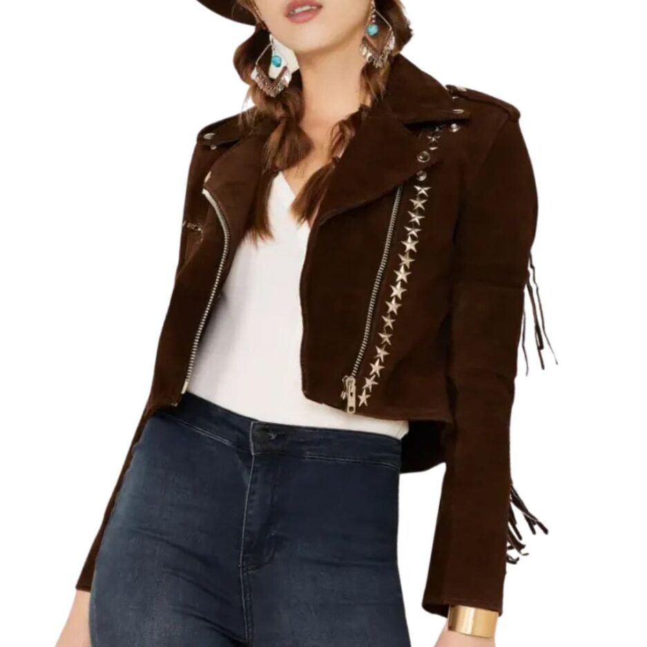 Brown Fringe Suede Cropped Leather Jacket