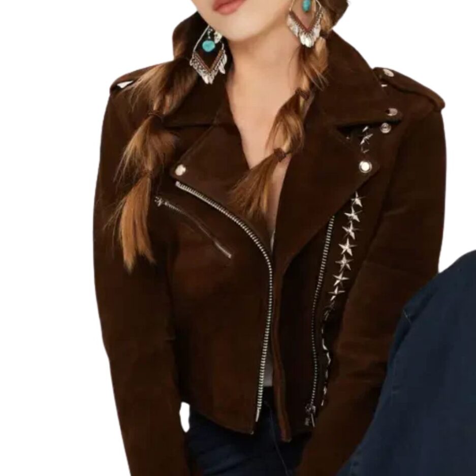 Brown Fringe Suede Studded Leather Jacket