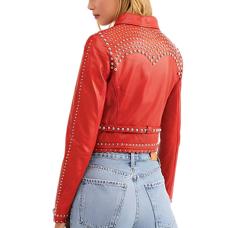 Party Red Studded Cropped Leather Jacket