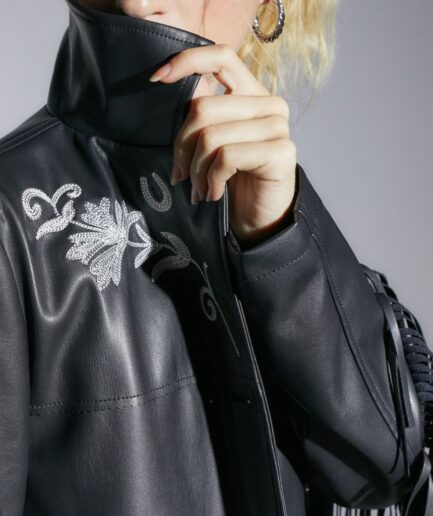 Vegan Leather Fringe and embroidery Jacket Women