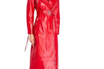 Women Red Long Leather Trench Coat