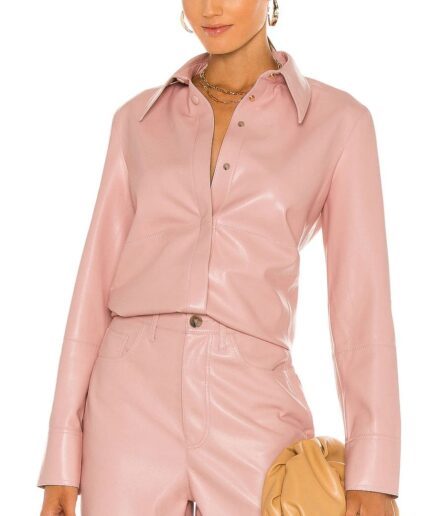 long sleeve women pink leather shirt