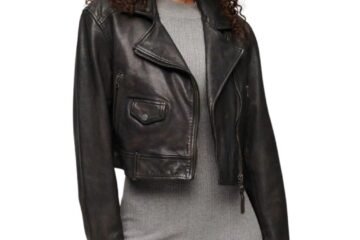 Women Biker Leather Jacket in Black Cropped