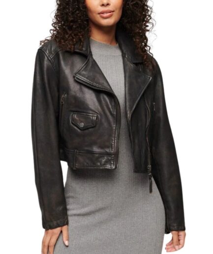 Women Biker Leather Jacket in Black Cropped