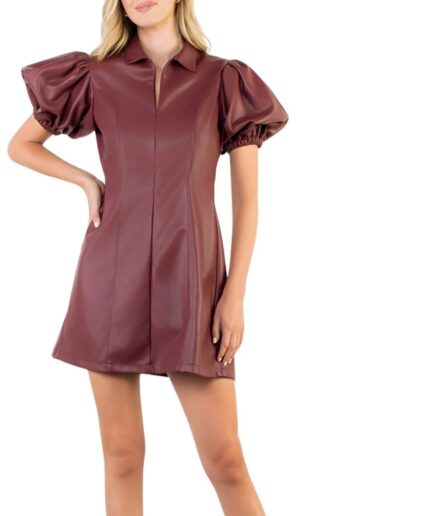 Puff Sleeve Burgundy Leather Dress