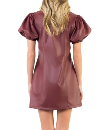 Back of Puff Sleeve Burgundy Leather Dress