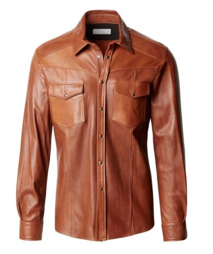 Brown Lambskin Leather Shirt For Men
