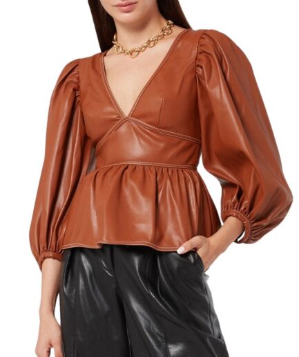 V-neckline Tan Peplum Leather Top