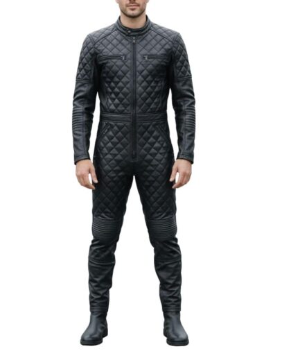  Men Quilted Leather Jumpsuit Bikersuit