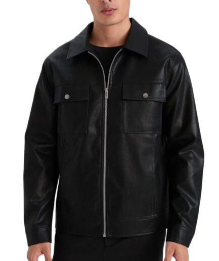 Slim Fit Polo Collar Men Leather Jacket Black