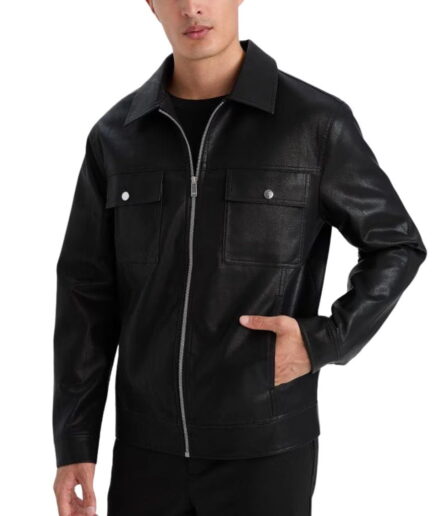 Slim Fit Polo Collar Men Leather Jacket Black