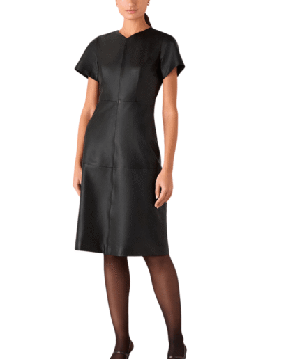Knee Length Women Black Leather Dress