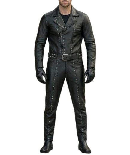 Black Studded Leather Biker Jumpsuit for Men