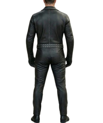 Black Studded Leather Biker Jumpsuit for Men